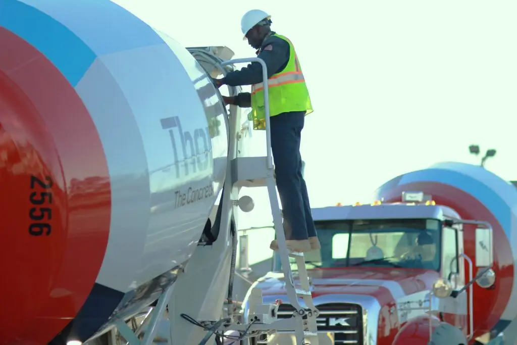Concrete Driver Professional inspecting concrete mixer truck