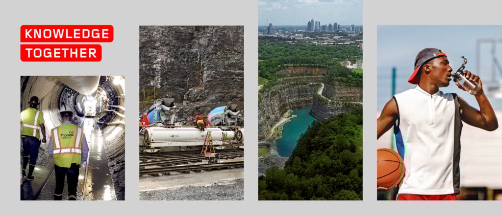 Construction workers in a tunnel, concrete mixer trucks, blue water reservoir, man drinking water