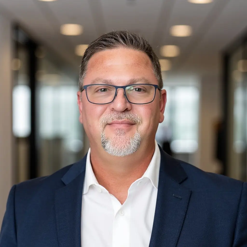 Professional photo of a man in a white shirt and blue jacket